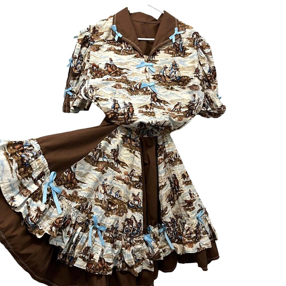 VTG Prairie Square Dance Circle Skirt Top Set Rockabilly Cowboy Cookout Roping